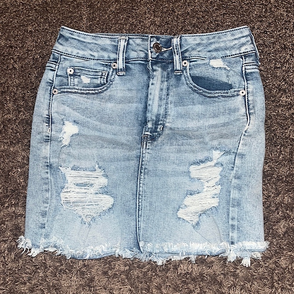 american eagle next level stretch super hi-rise distressed denim skirt